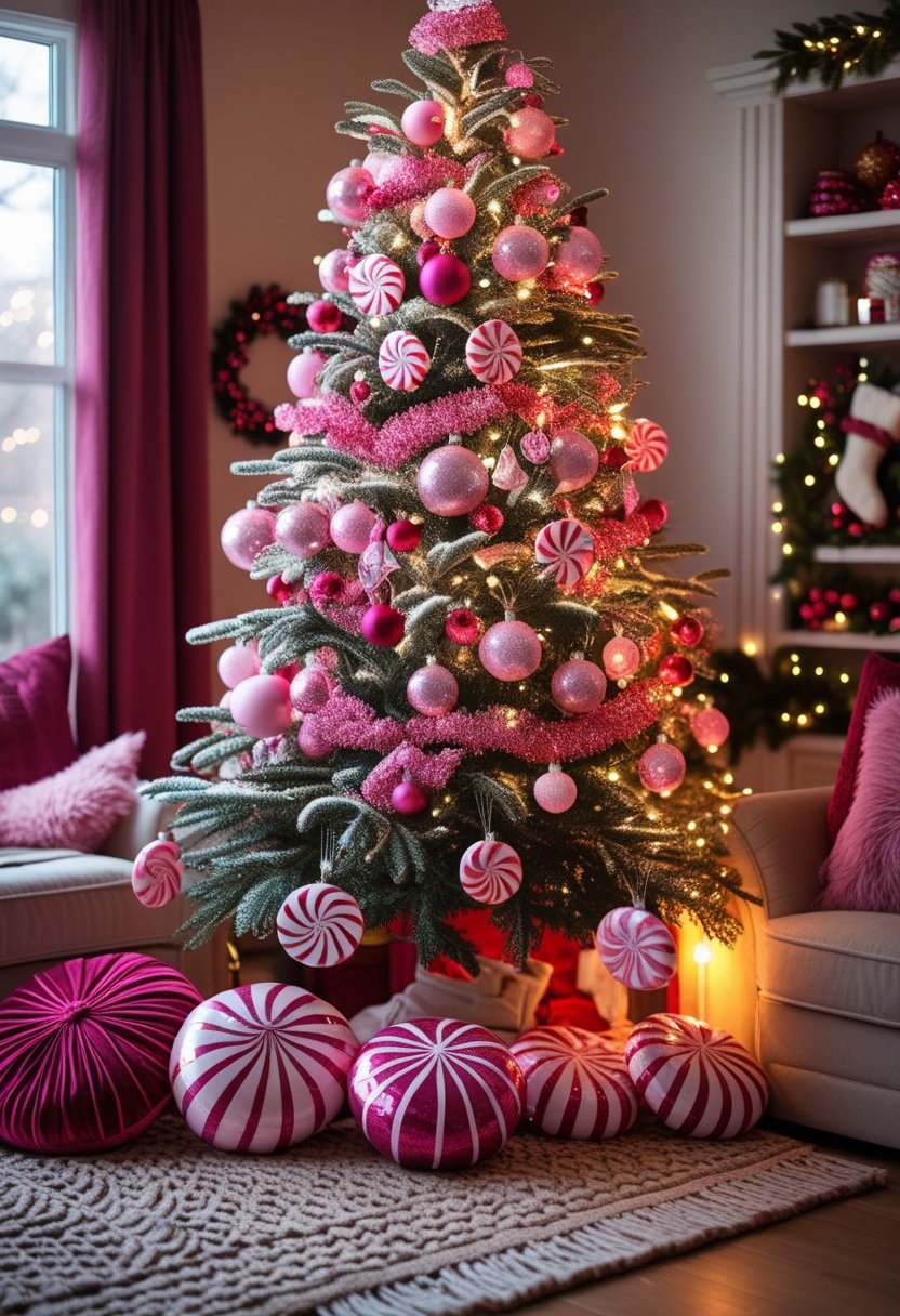 A Christmas tree decorated with pink and red candy ornaments, surrounded by pillows and a rug in a cozy living room corner.