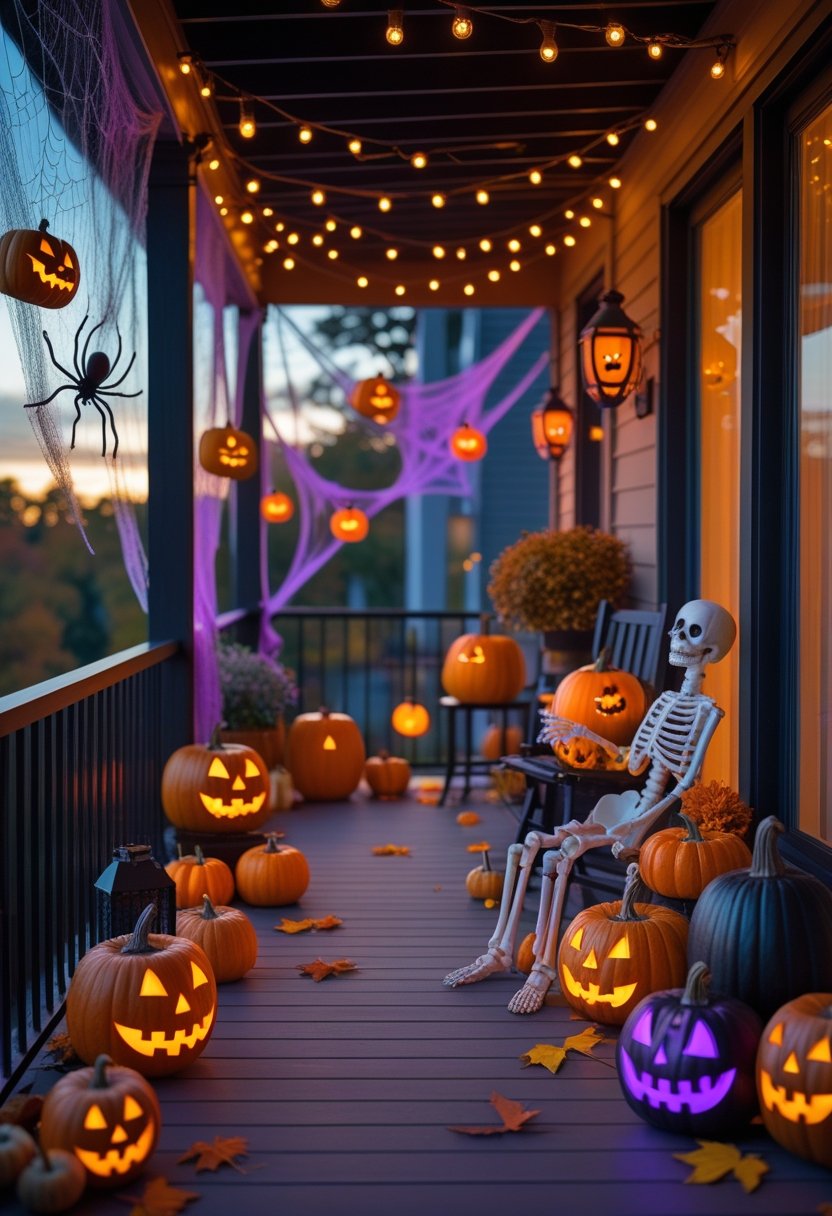 A balcony decorated with glowing pumpkins, hanging ghost lanterns, cobwebs, and autumn leaves for Halloween.