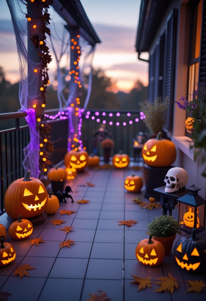 A balcony decorated with glowing jack-o'-lanterns, string lights, cobwebs, skulls, and autumn leaves creating a spooky Halloween scene.