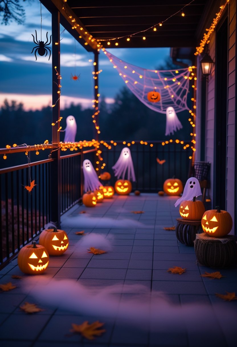 A balcony decorated with glowing jack-o'-lanterns, string lights, spider webs, and ghost decorations under a twilight sky.
