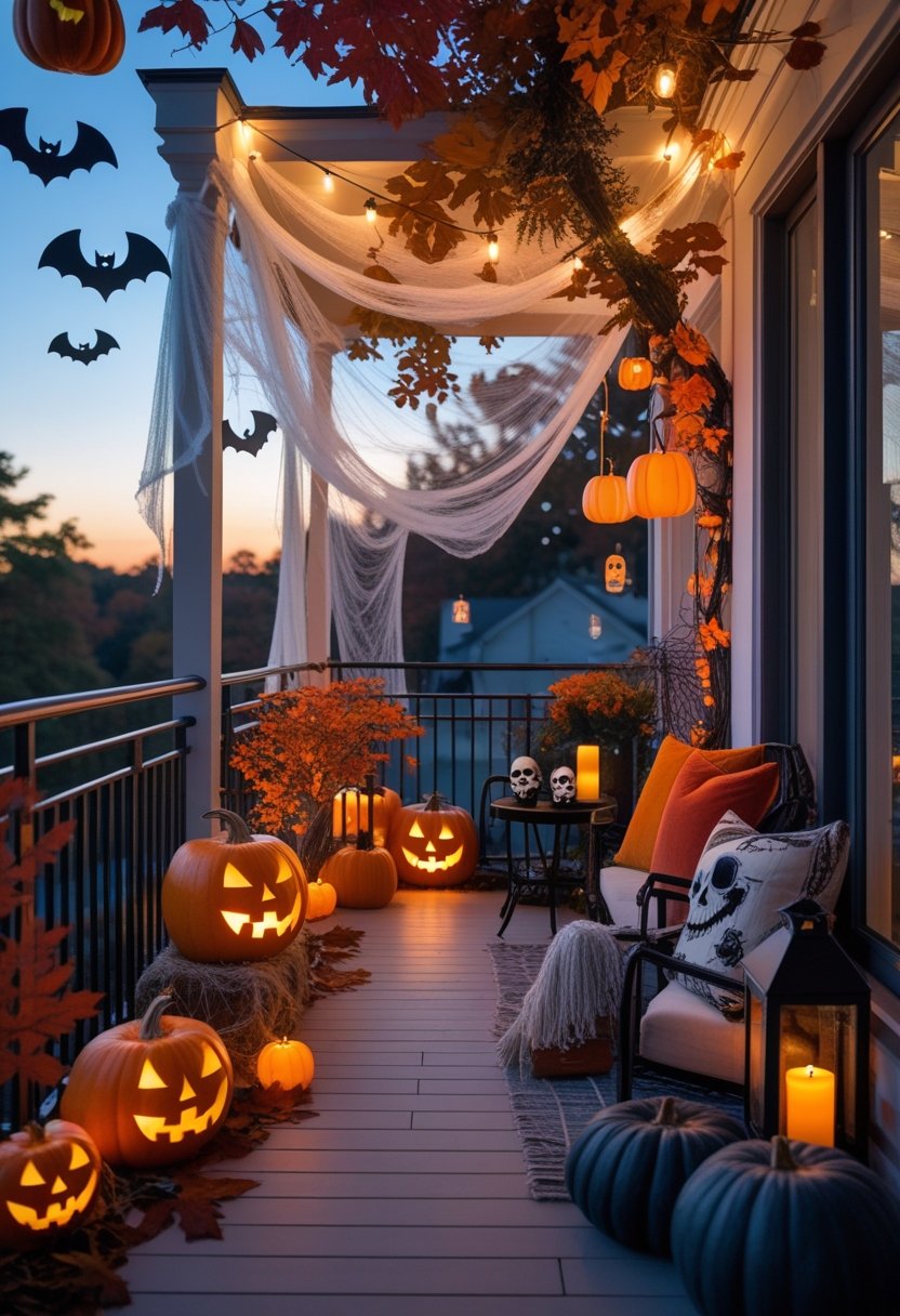 A balcony decorated with glowing pumpkins, string lights, cobwebs, autumn leaves, lanterns, and Halloween-themed props in the evening.
