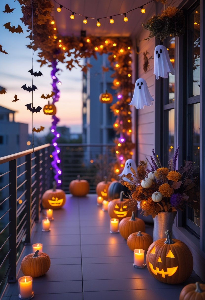 An outdoor balcony decorated with glowing pumpkins, string lights, hanging ghost and bat ornaments, and autumn flowers, creating a cozy Halloween scene at twilight.