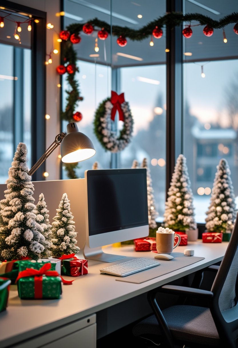 An office cubicle decorated with Christmas ornaments, lights, small pine trees, and a mug of hot cocoa on the desk.