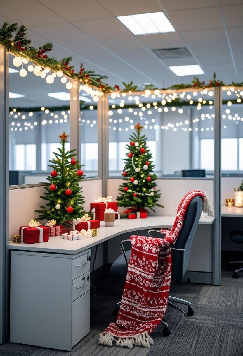 An office cubicle decorated with Christmas lights, garlands, a small tree, wrapped gifts, and a cozy blanket on the chair.