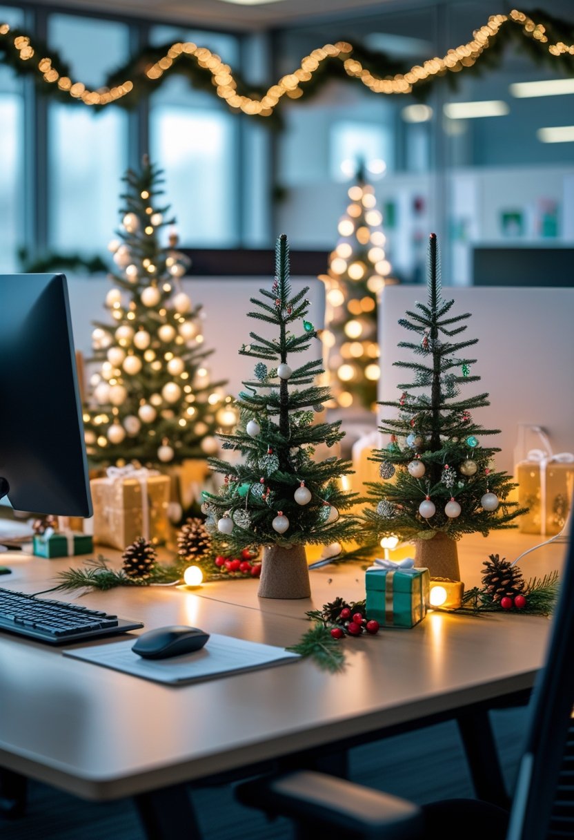 An office desk decorated with mini Christmas trees, festive centerpieces, and holiday decorations creating a cozy winter scene.