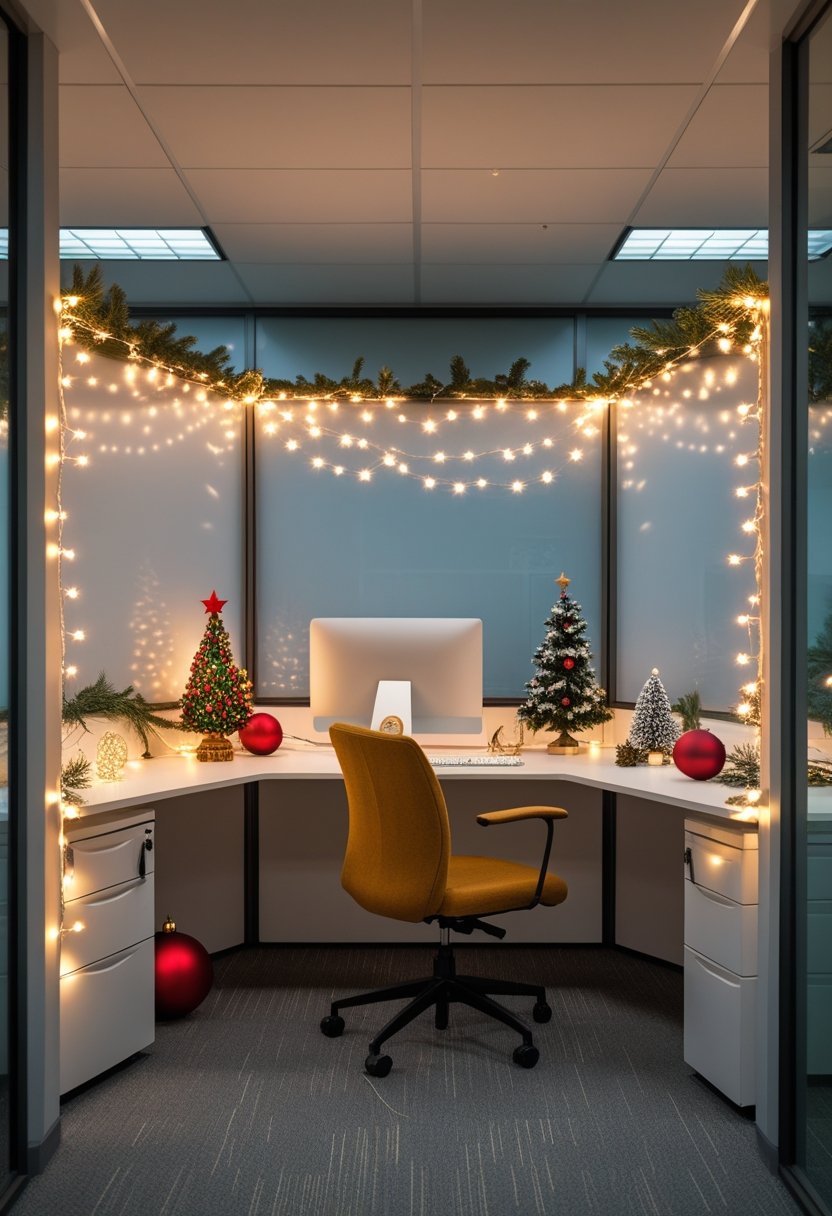 An office cubicle decorated with twinkling Christmas lights, pine branches, ornaments, and a small Christmas tree, creating a cozy holiday atmosphere.