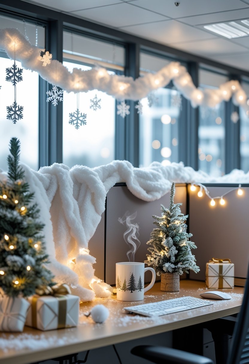 An office cubicle decorated with snowflake ornaments, pine garlands, fairy lights, and winter-themed holiday decorations creating a cozy atmosphere.