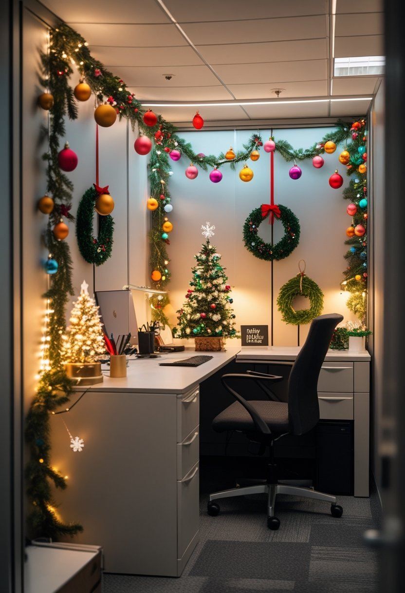 An office cubicle decorated with Christmas ornaments, a small tree, fairy lights, and festive decorations creating a cozy holiday workspace.