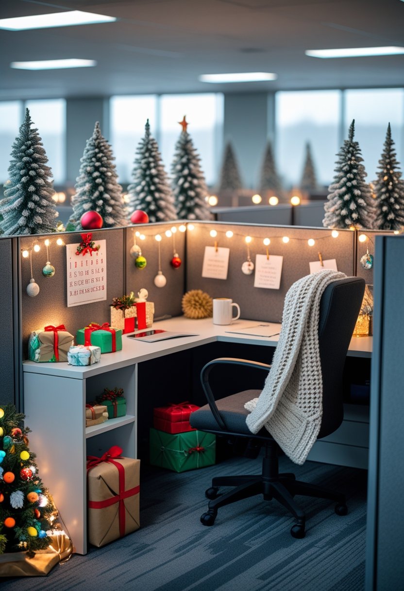 An office cubicle decorated with Christmas ornaments, miniature trees, string lights, and a cozy blanket on the chair.