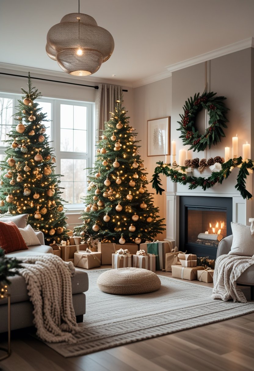 A cozy living room decorated for Christmas with a tree, fireplace, and festive decorations.