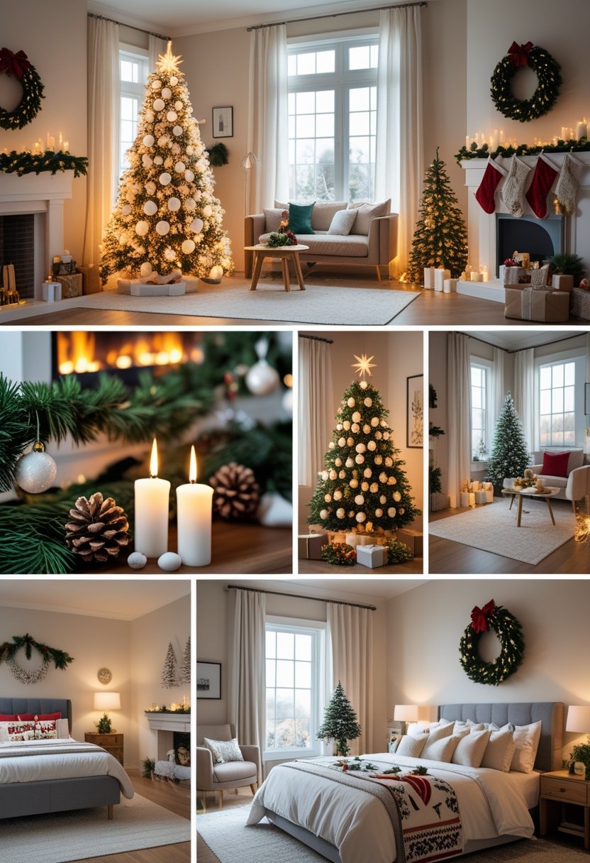 Cozy holiday home interior decorated for Christmas with a Christmas tree, fireplace, festive dining table, and seasonal decorations in multiple rooms.