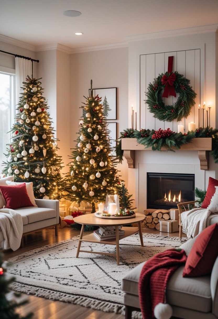 A cozy living room decorated for Christmas with a Christmas tree, fireplace mantel with greenery, and comfortable seating.