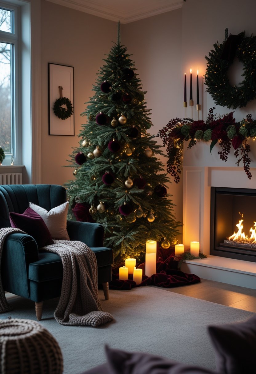 A cozy living room decorated for Christmas with a dark green and burgundy tree, candles, a fireplace, and elegant holiday decorations.