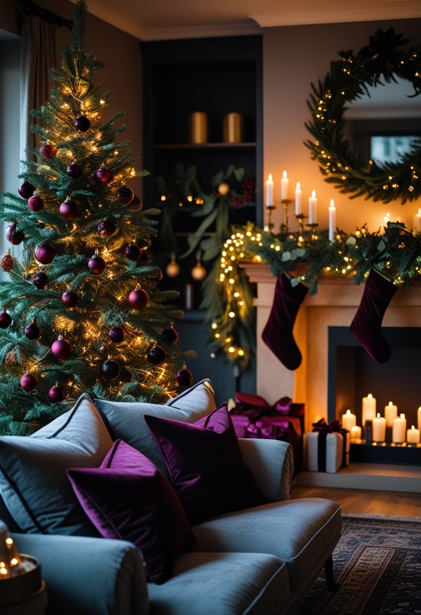A living room decorated for Christmas with a dark red and green tree, candles, greenery, and cozy pillows creating a warm holiday scene.
