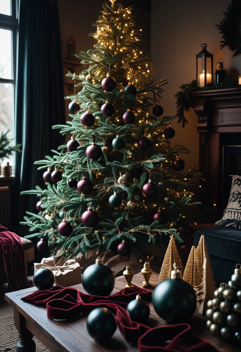 A decorated Christmas tree with dark green and burgundy ornaments and warm lights in a cozy living room with moody lighting and elegant holiday decorations on a wooden table.