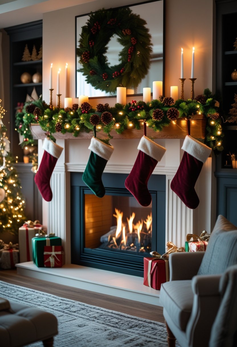 A living room with a lit fireplace, a decorated mantel with garlands and stockings, and cozy holiday decorations.