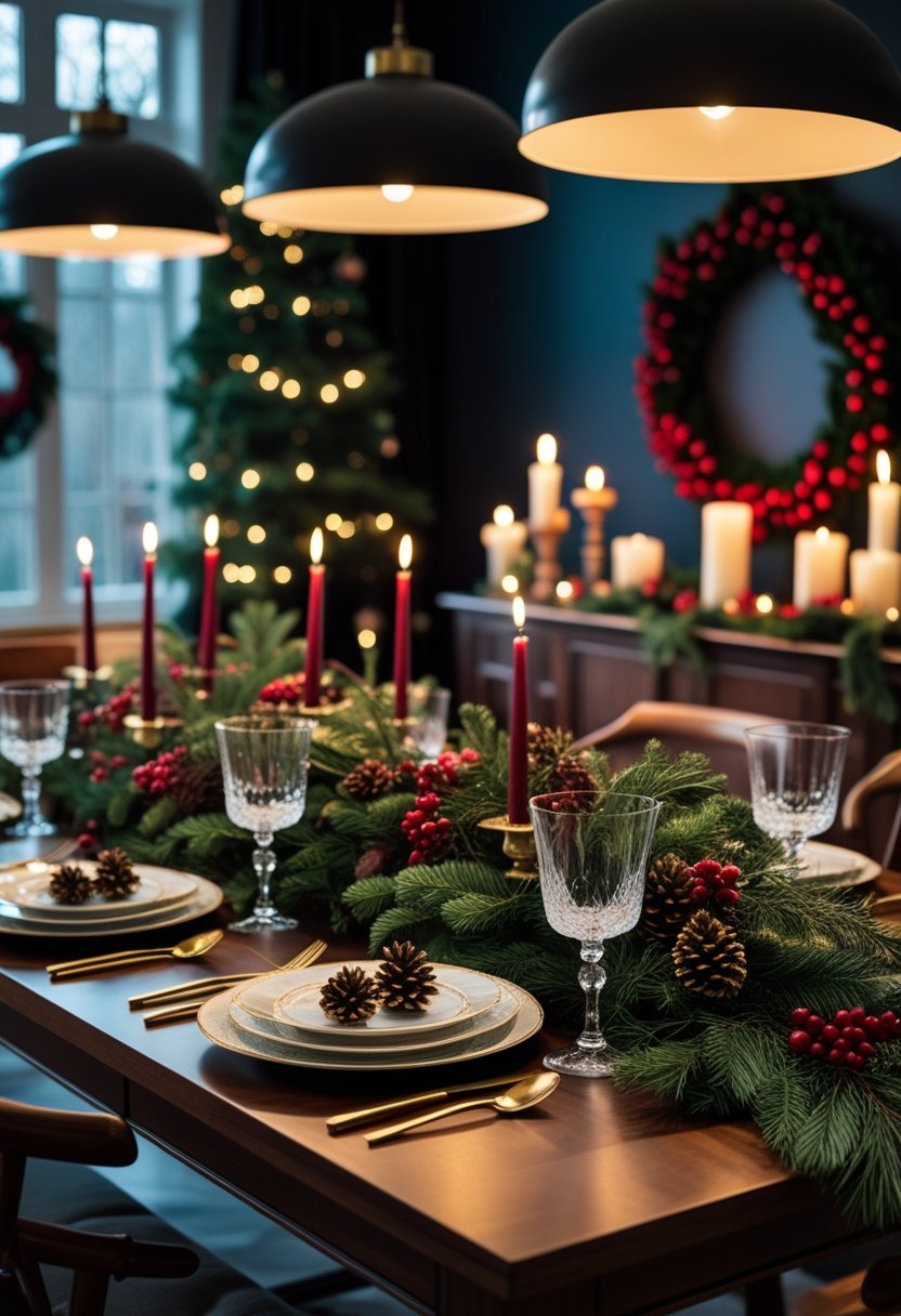 A dining room with a wooden table set for a holiday meal, decorated with greenery, candles, and festive accents.