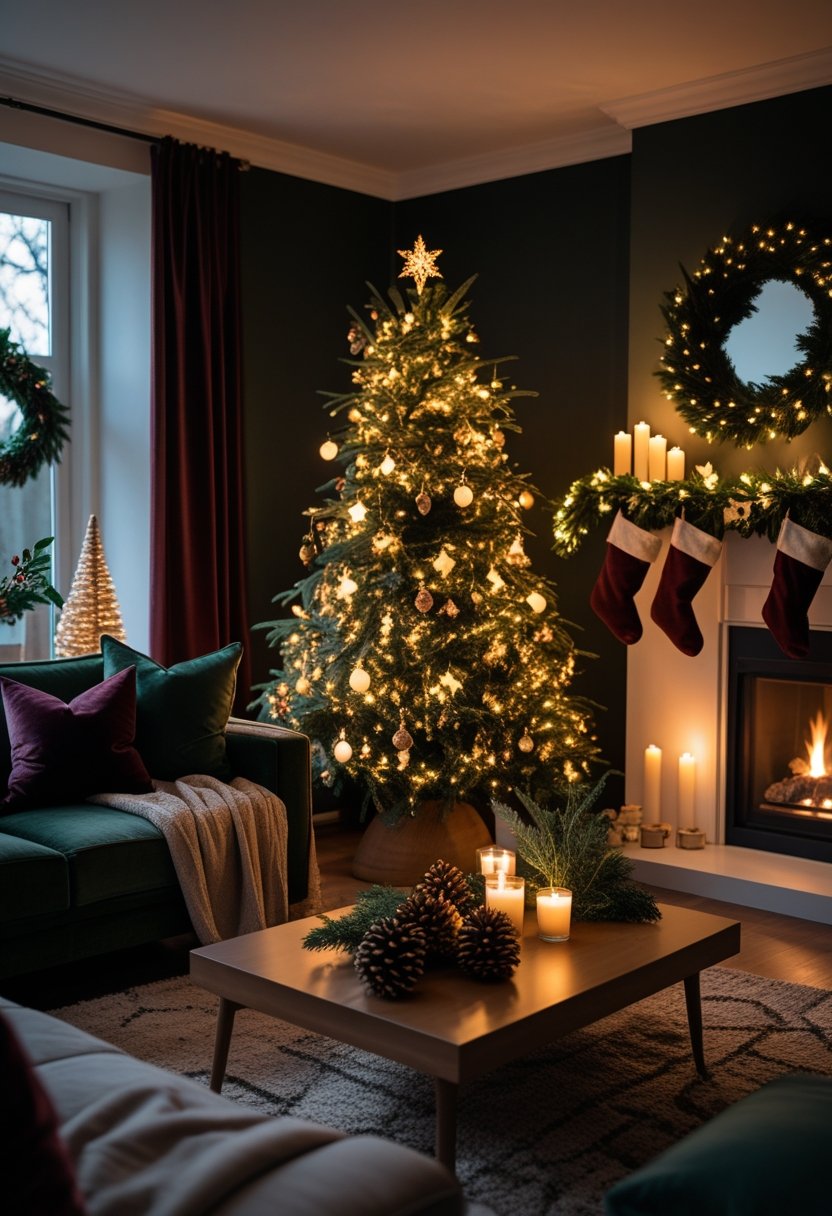 A cozy living room decorated for Christmas with a tree, fireplace, and festive decorations in dark, warm colors.