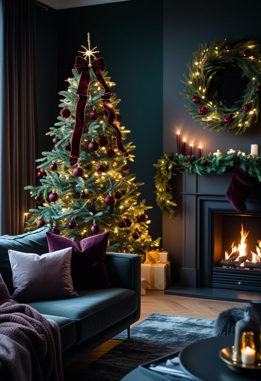 A living room decorated for Christmas with a dark green and burgundy tree, warm lights, a lit fireplace, and cozy cushions.