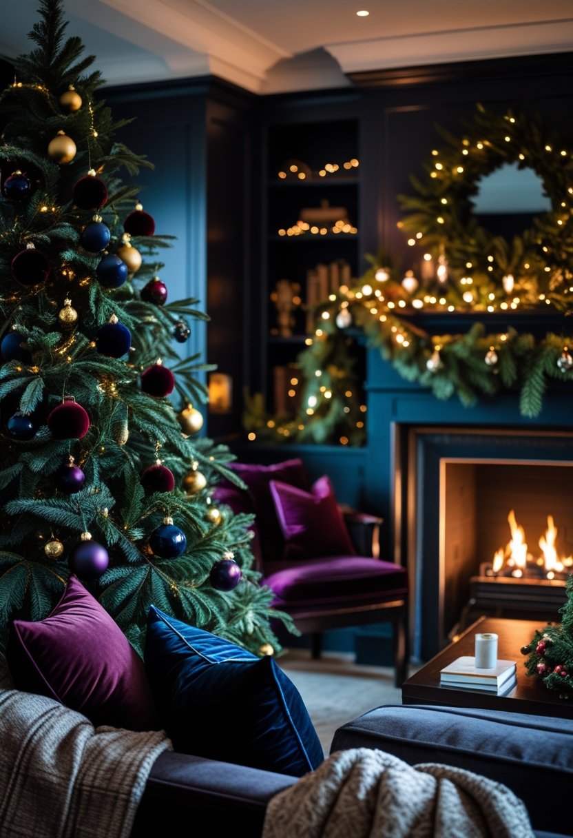 A living room decorated for Christmas with a dark green tree, rich colored ornaments, warm lighting, and a fireplace with festive garlands.