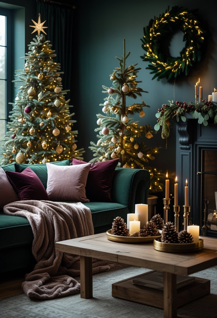 A cozy living room decorated for Christmas with a tree, layered blankets, pillows, candles, and natural holiday greenery.