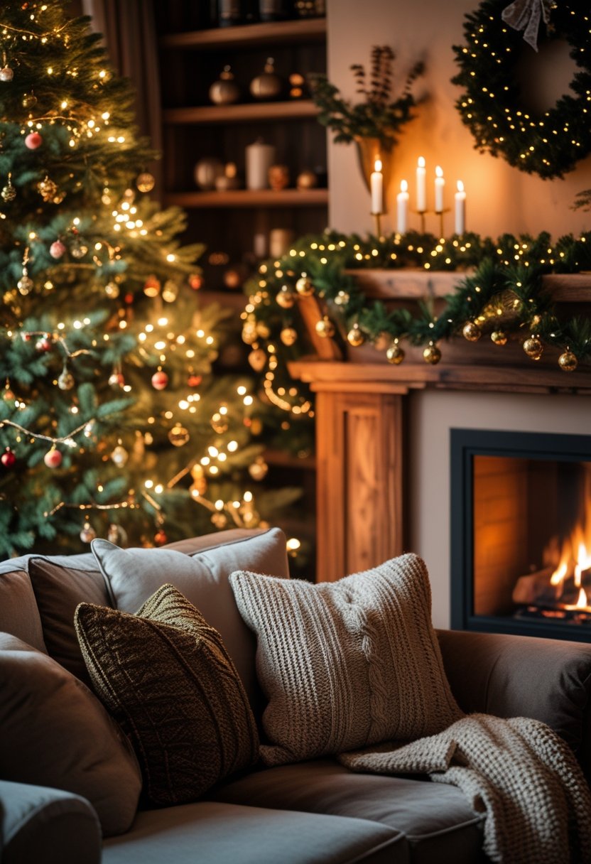 A cozy living room decorated for Christmas with a lit tree, garlands, candles, and a fireplace creating a warm holiday atmosphere.