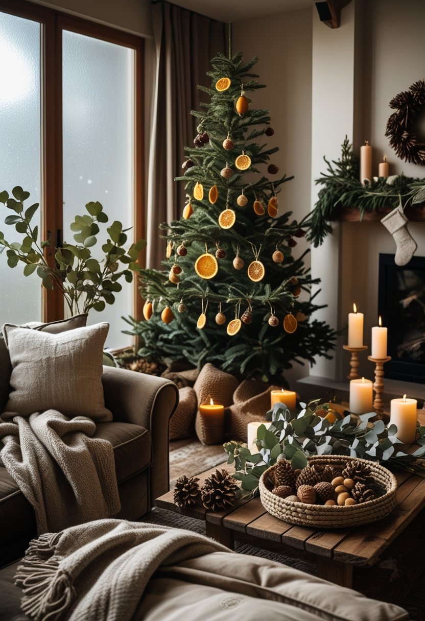 A cozy living room decorated for Christmas with a tree adorned with natural ornaments, candles, eucalyptus branches, and rustic wooden furniture.