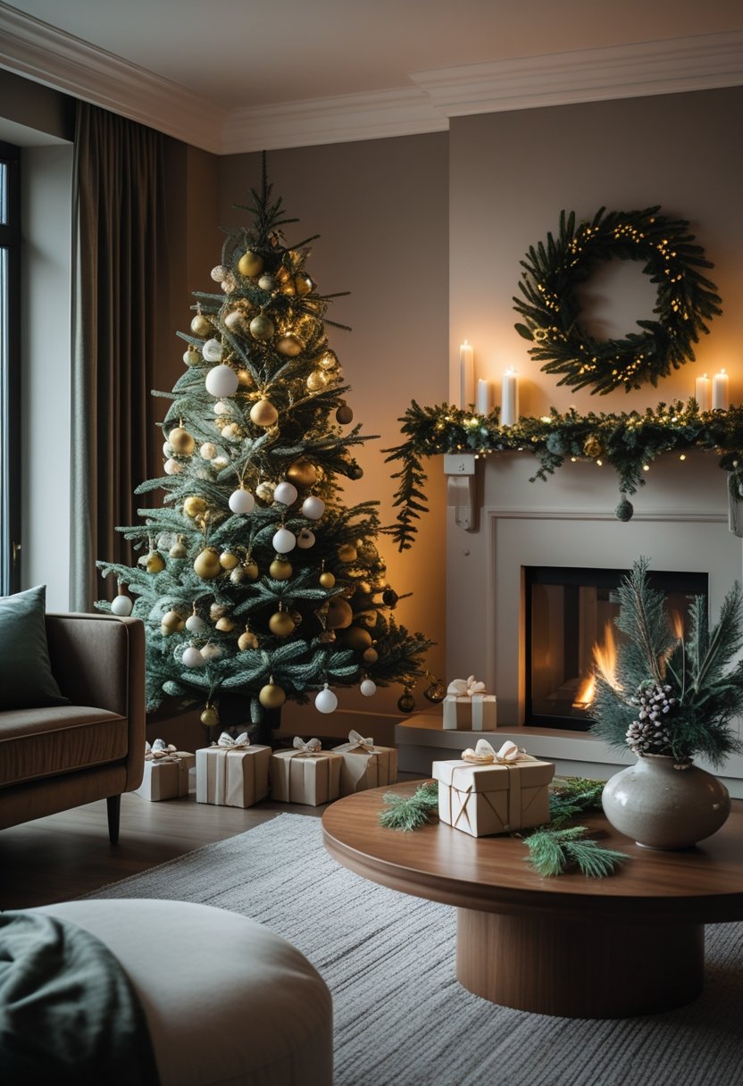 A cozy living room decorated for Christmas with a tree, fireplace mantel, candles, and wrapped gifts.