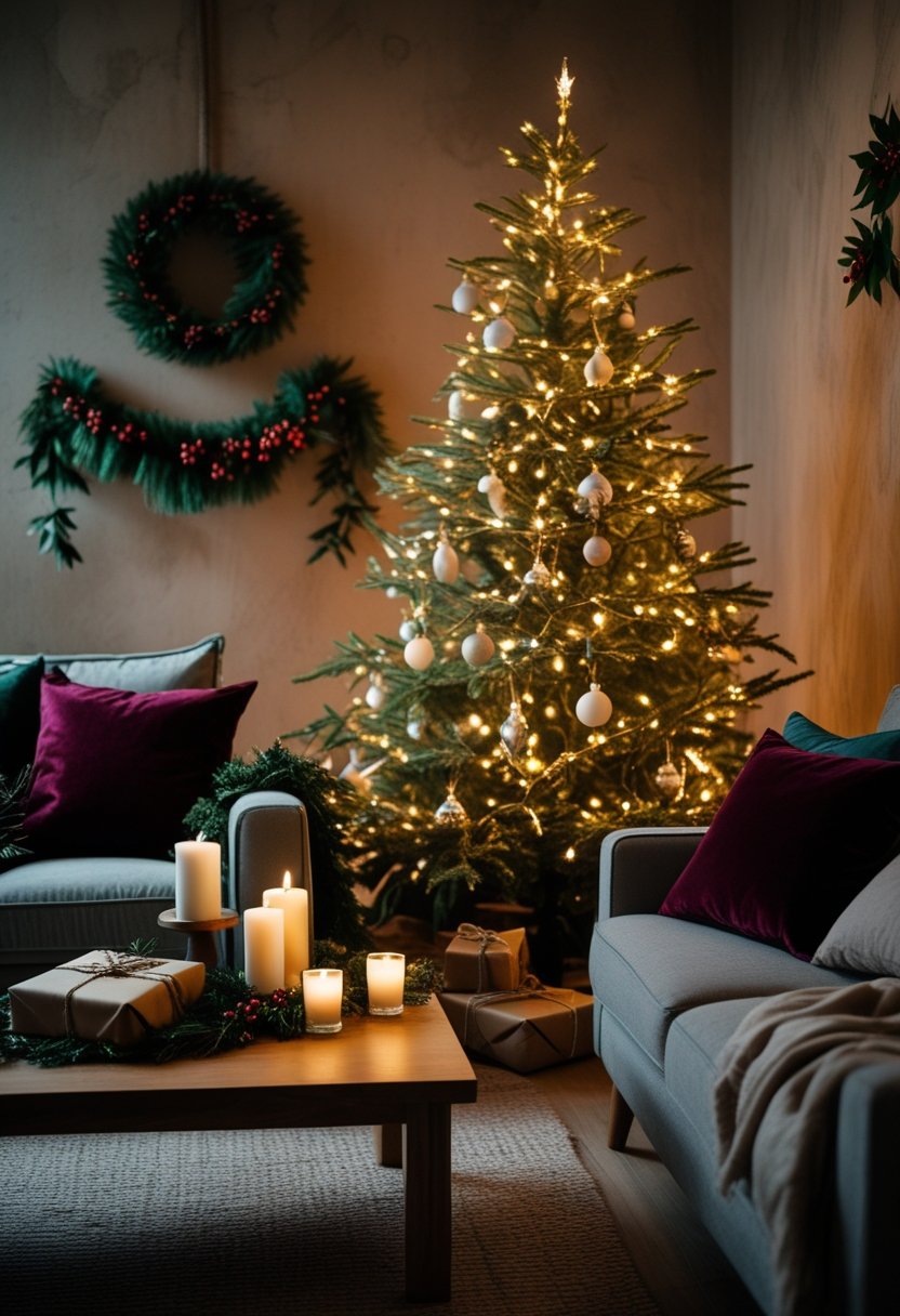 A cozy living room decorated for Christmas with a lit tree, candles, garlands, and wrapped presents creating a warm and inviting holiday scene.