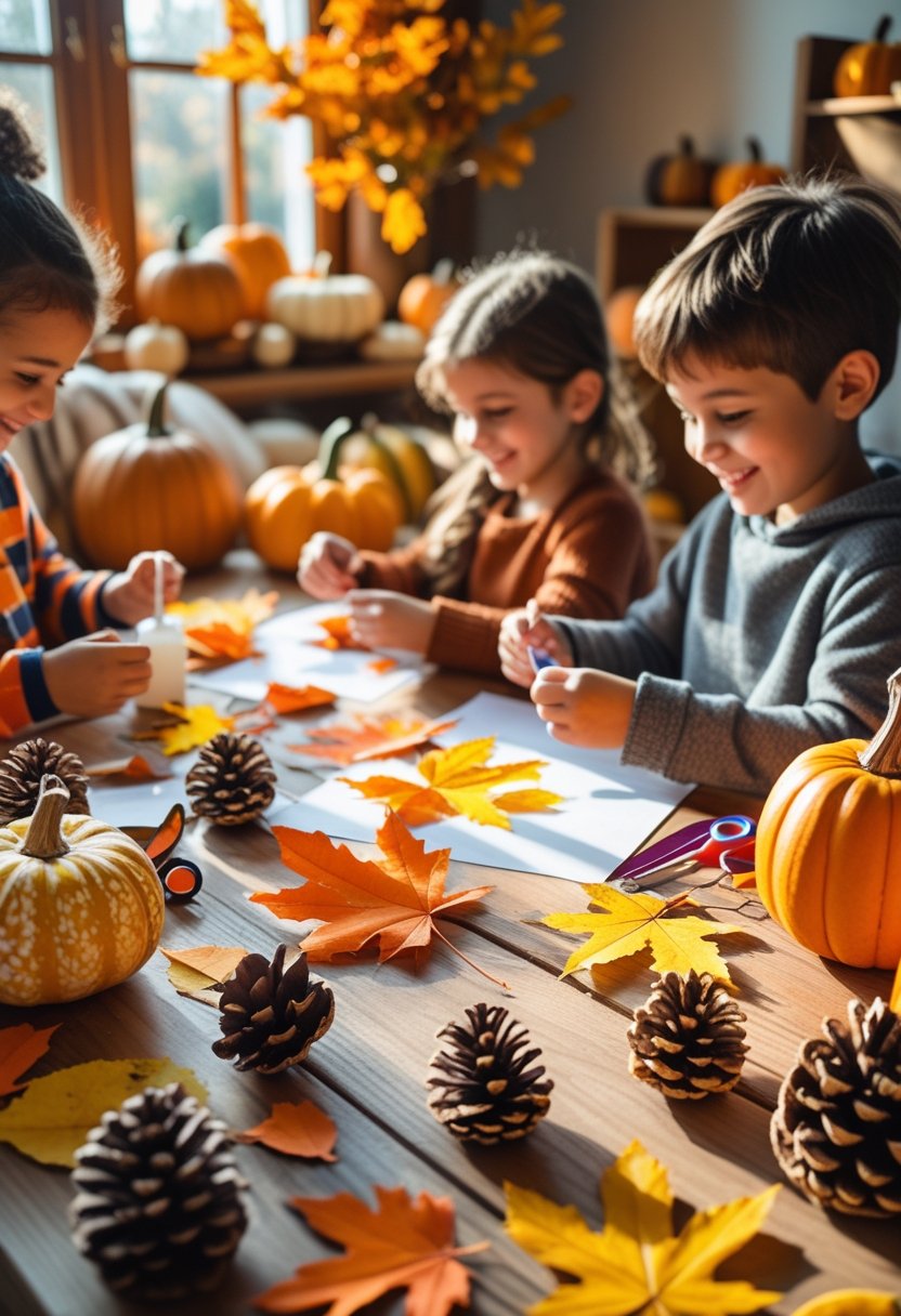 Children making fall crafts at a table surrounded by autumn decorations and craft supplies.