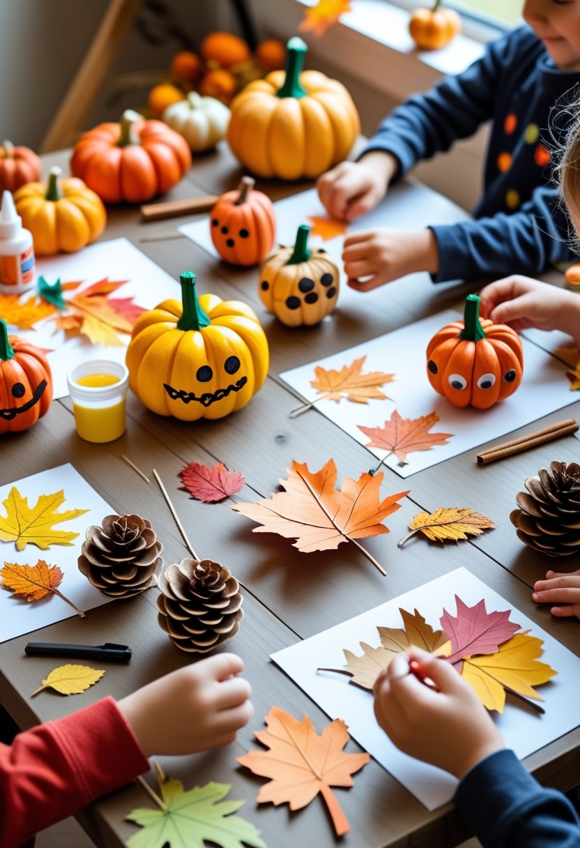 Children creating colorful fall crafts on a wooden table with autumn decorations and crafting supplies.