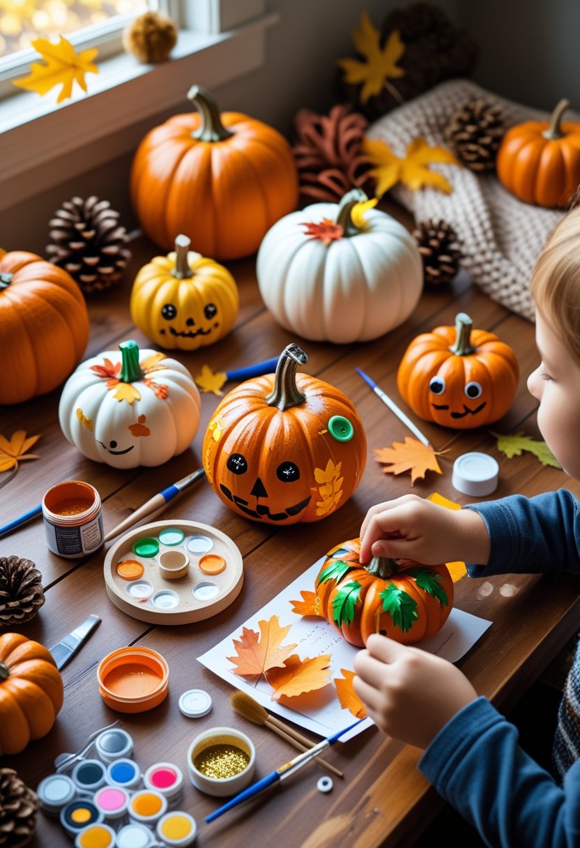 Children's hands painting and decorating small pumpkins on a wooden table surrounded by autumn craft supplies and fall decorations.