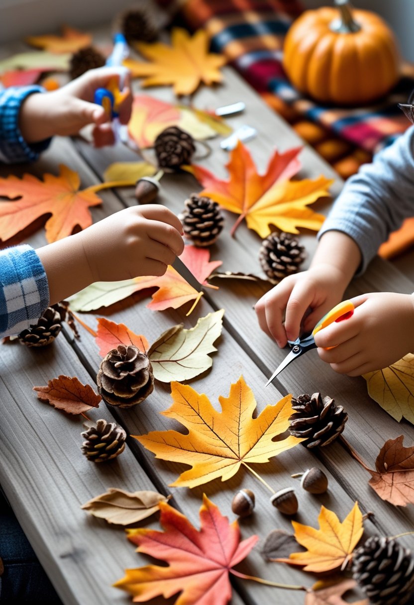 Children’s hands making autumn crafts using colorful fall leaves and natural materials on a wooden table.