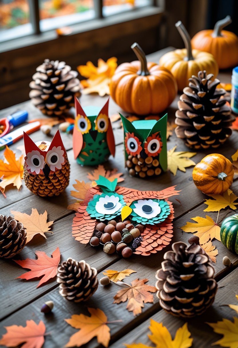 A table filled with colorful autumn-themed crafts of owls and woodland animals made from natural materials, surrounded by fall leaves and crafting supplies.