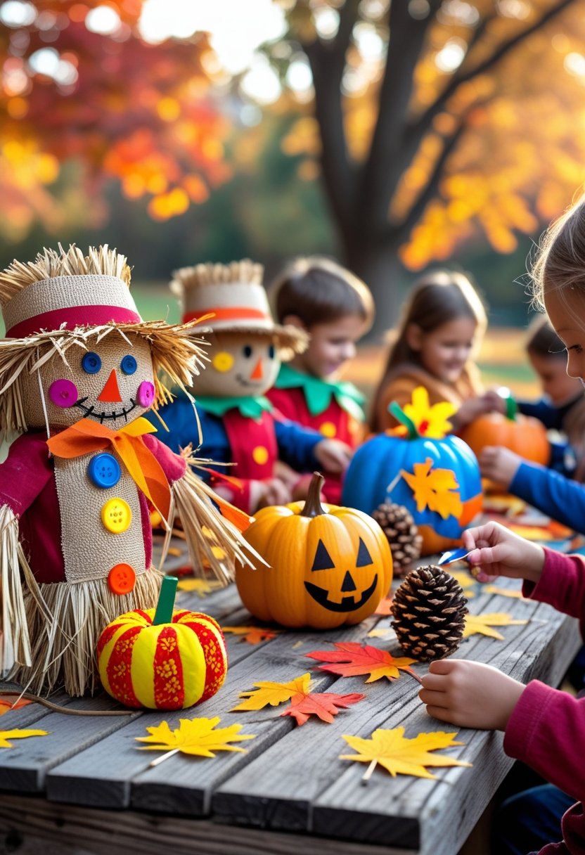 Children making colorful fall crafts including scarecrows and decorated pumpkins on a wooden table outdoors with autumn leaves in the background.