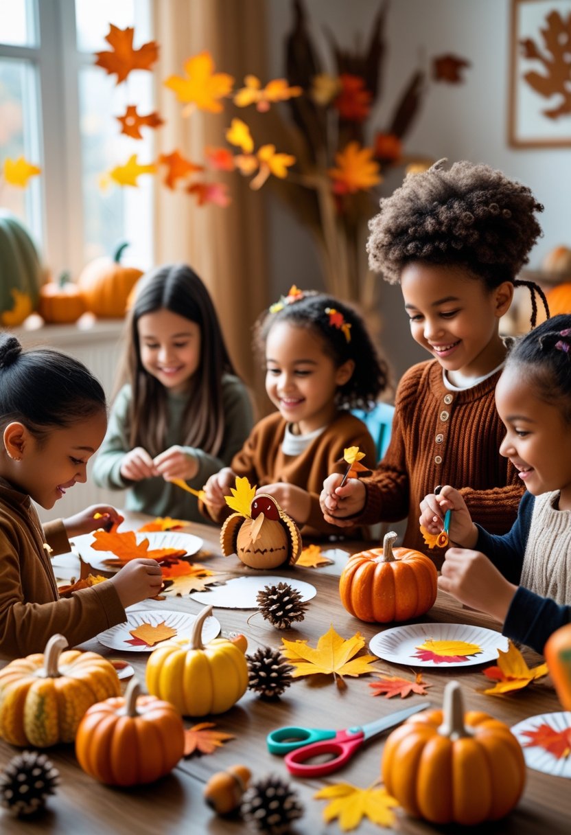 Children making fall and Thanksgiving crafts at a table surrounded by autumn decorations like pumpkins and colorful leaves.