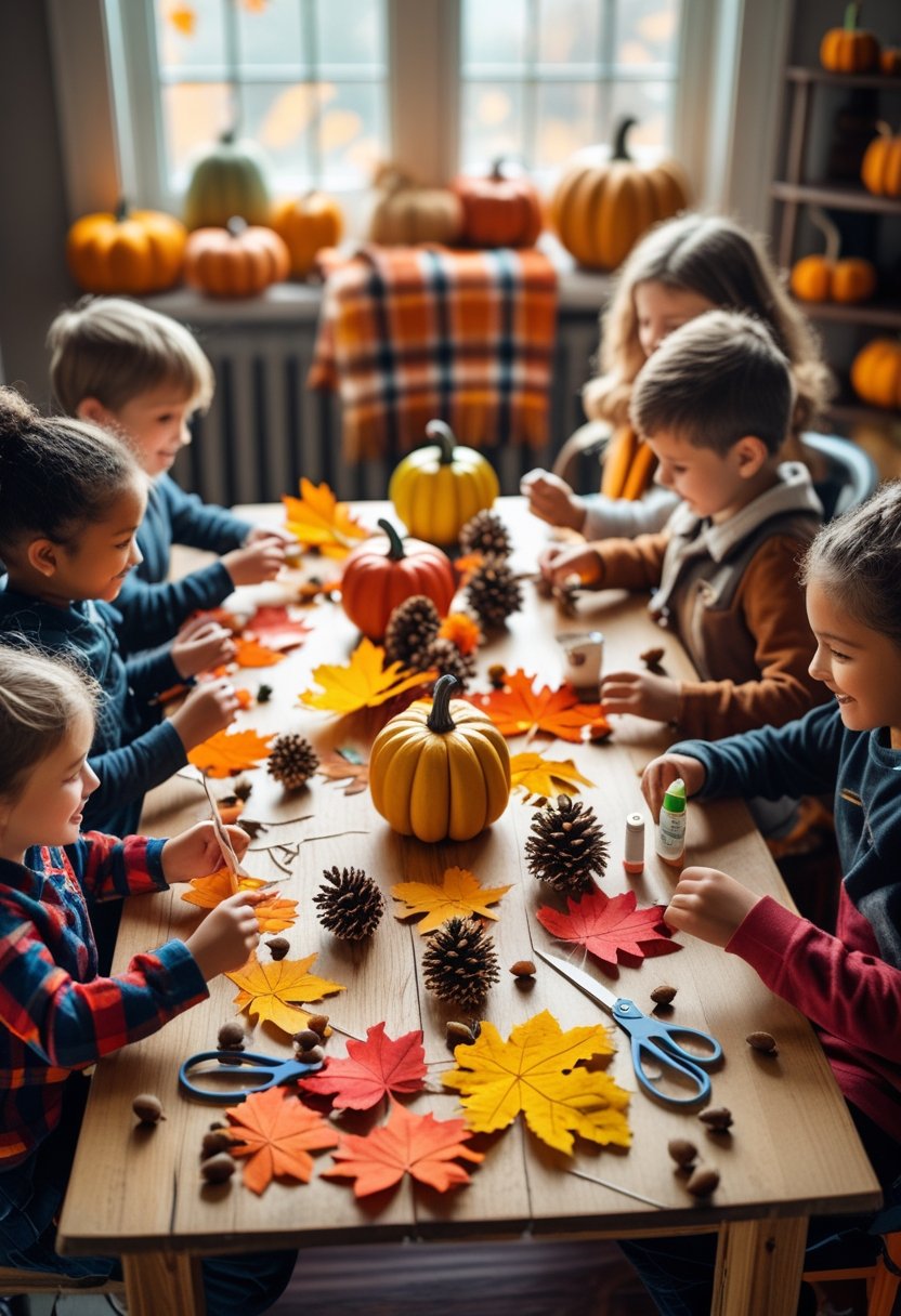 Children and an adult crafting fall decorations together at a table filled with autumn leaves and craft supplies.