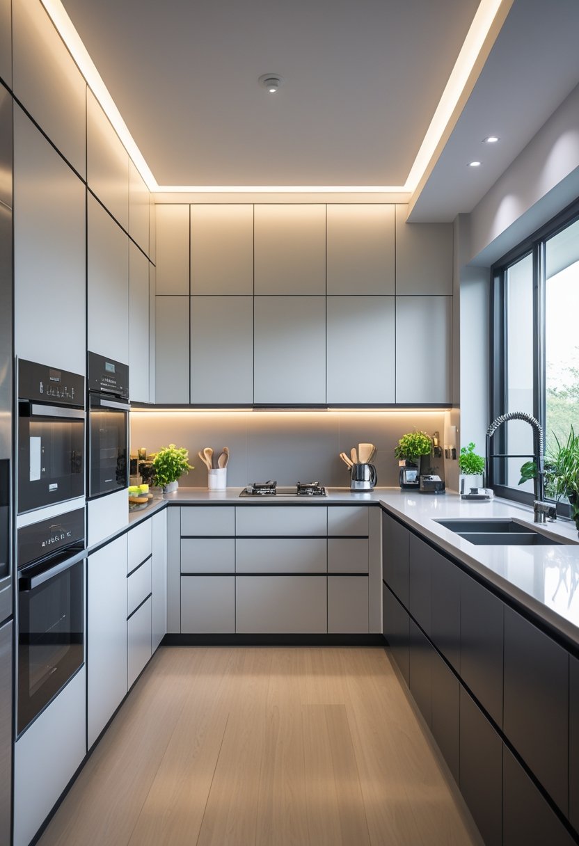 A bright kitchen with an L-shaped layout, modern cabinets, appliances, and a kitchen island with stools.