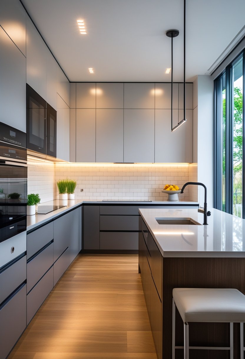 A bright and spacious kitchen with an L-shaped layout, featuring modern cabinets, stainless steel appliances, a kitchen island with seating, and large windows letting in natural light.