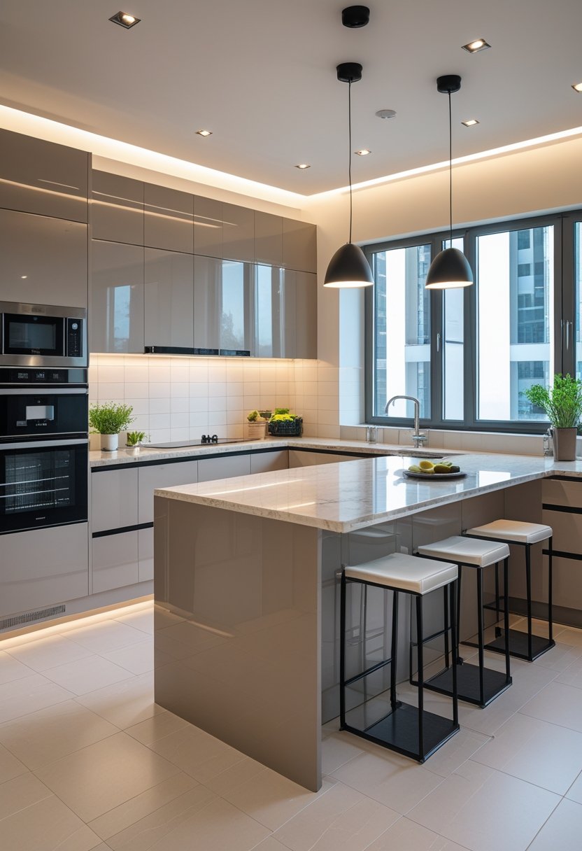 A clean and spacious L-shaped kitchen with modern cabinets, marble countertops, stainless steel appliances, a kitchen island with stools, and large windows letting in natural light.