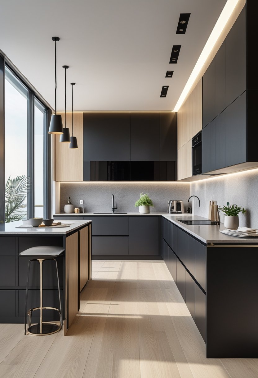 A bright L-shaped kitchen with sleek cabinets, a large island with stools, and modern appliances.