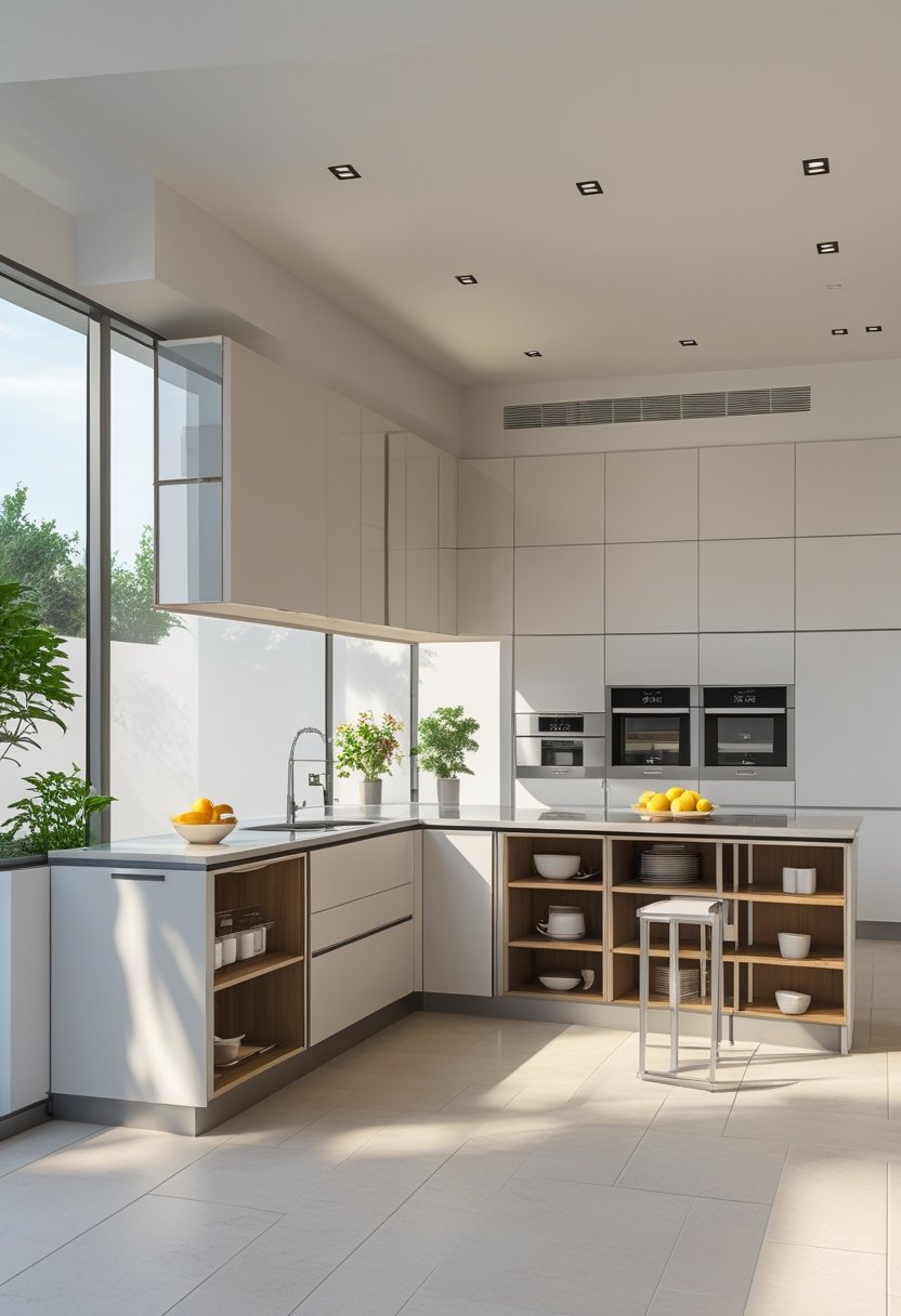 A bright and spacious L-shaped kitchen with modern cabinets, countertops, and integrated appliances.