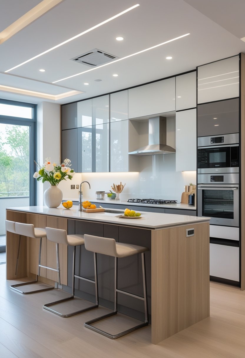 An L-shaped kitchen with modern cabinets, countertops, appliances, and a kitchen island with stools, well-lit and tidy.