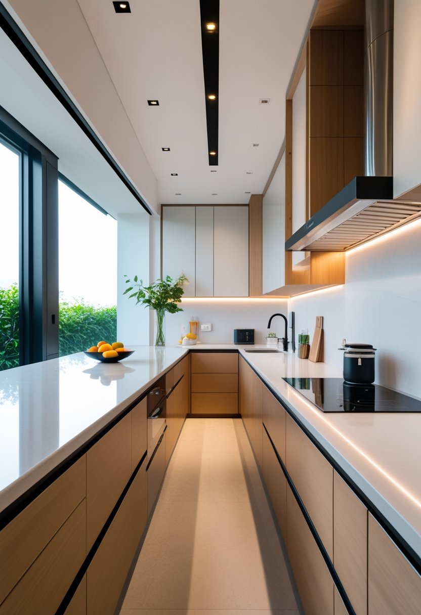 A bright and spacious L-shaped kitchen with a sleek countertop, modern cabinets, and stainless steel appliances.
