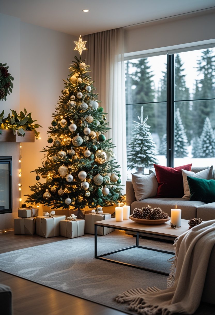 A living room decorated for Christmas with a tree, wrapped presents, cozy seating, and festive decorations, with a snowy scene visible outside the window.
