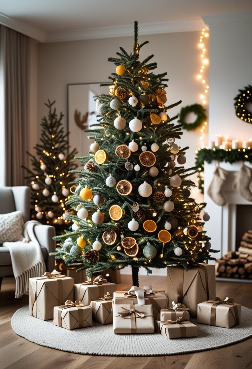 A decorated Christmas tree with ornaments and lights in a cozy living room surrounded by wrapped gifts and festive home décor.