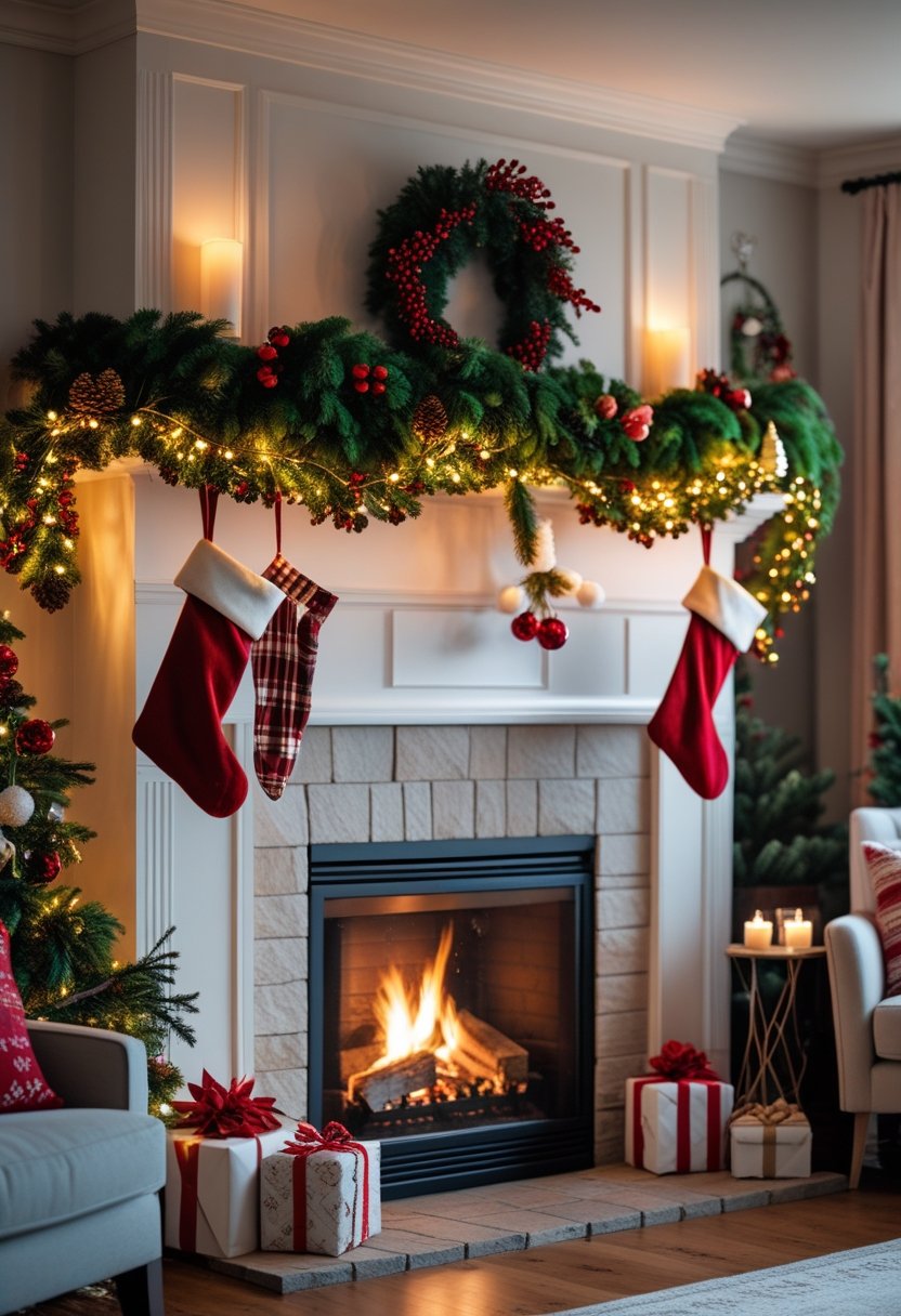 A cozy living room fireplace decorated with Christmas garlands, stockings, ornaments, and a glowing fire beneath a decorated mantel.
