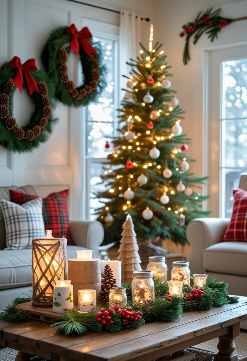 A cozy living room decorated with handmade Christmas wreaths, rustic ornaments, and a decorated Christmas tree with warm lights.