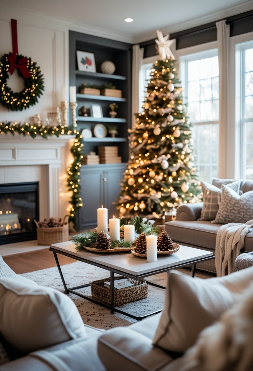 A living room decorated for the holidays with a sofa, coffee table with festive decorations, and a Christmas tree near a window.