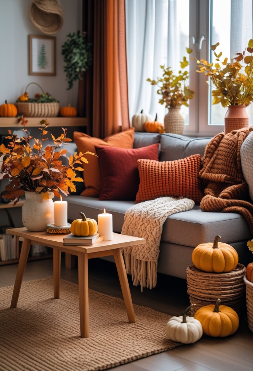 A small apartment living area decorated with fall-themed items like pumpkins, candles, and warm-colored pillows, bathed in natural light.